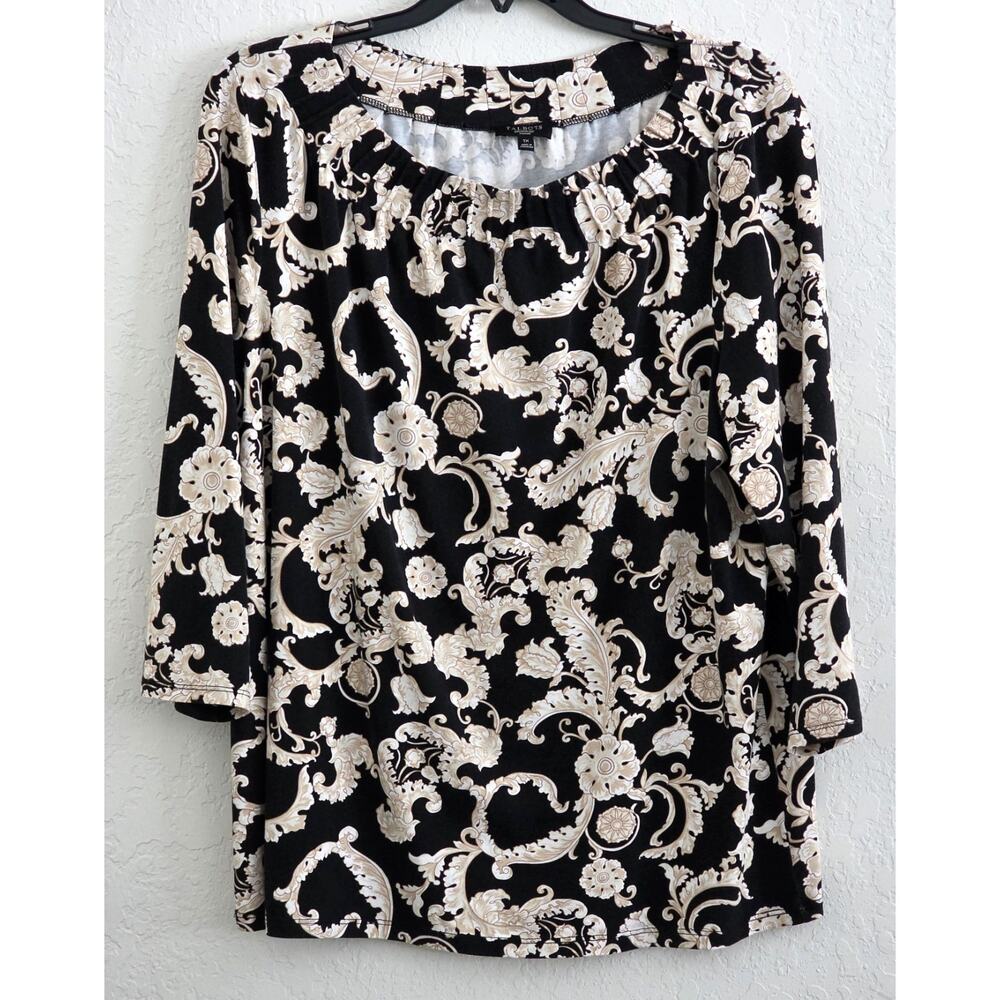 Top/Blouse-Talbots-Black-Cream Design-Gathering at Boat Neckline-Size 1X